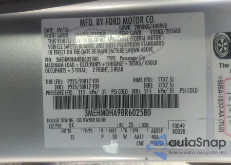 2011 Mercury Milan из США, поврежденный, VIN 3MEHM0HA9BR602580